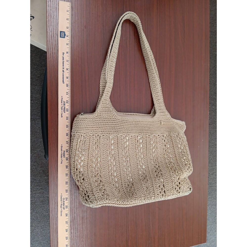 The Sak Tote Handbag Beige Crochet Carryall Metallic Lined Zip Double Handle - Picture 5 of 7